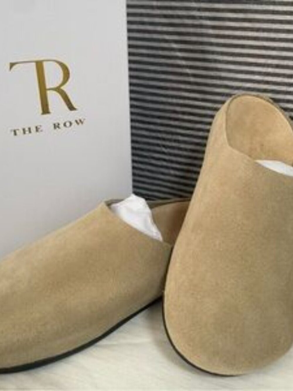 The Row Camel Suede Mules with Flat Rubber Sole and Minimalist Silhouette
